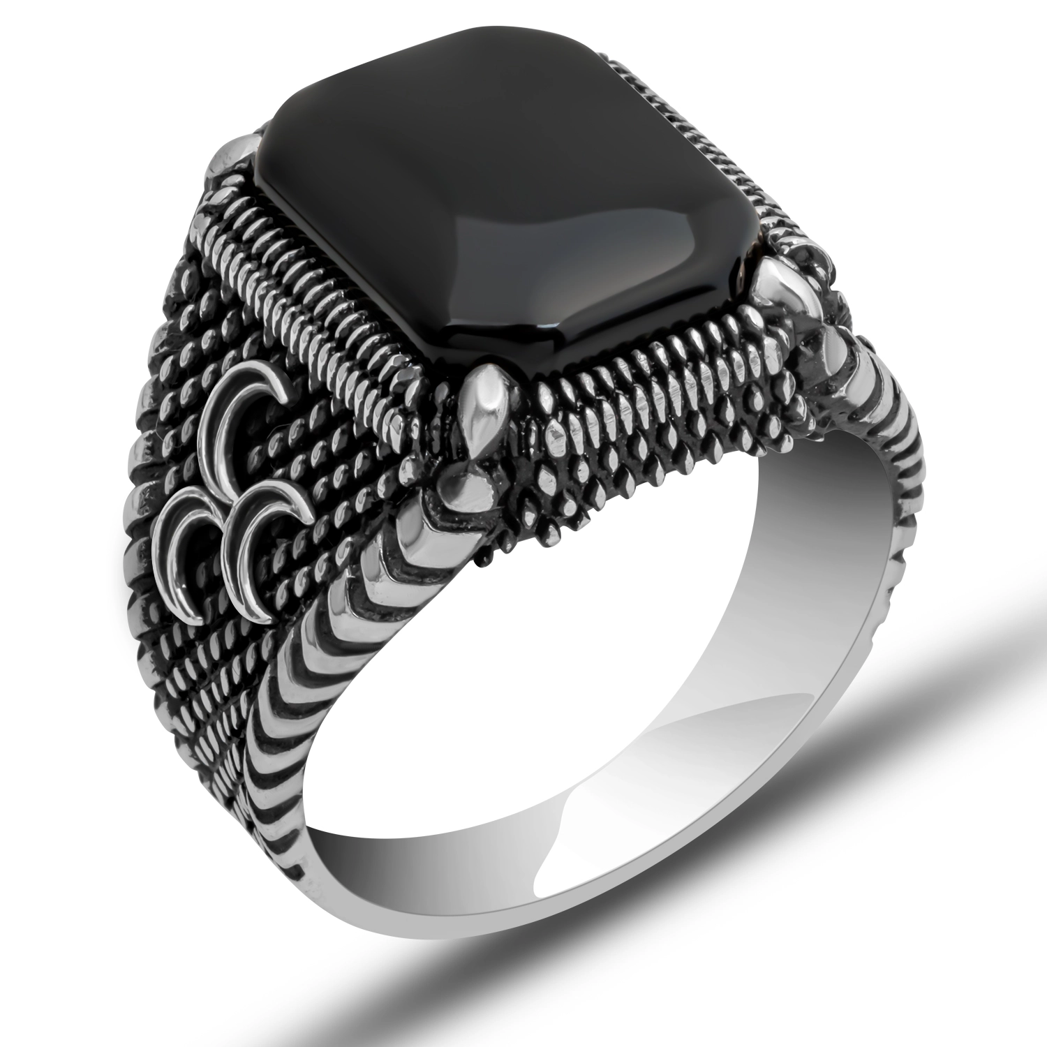 Gümüş Üç Hilal Oniks Erkek Yüzük