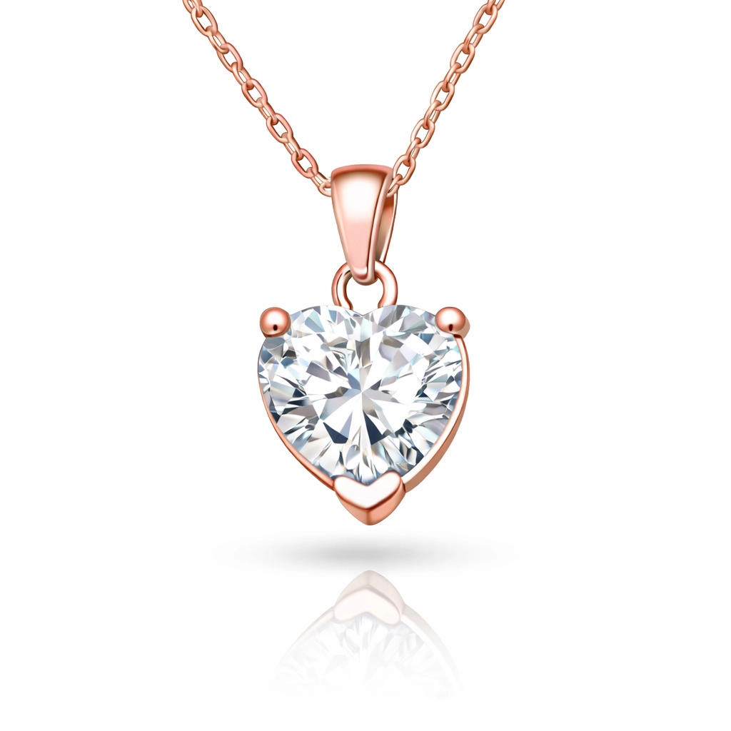 Gümüş Rose Beyaz Taşlı Kalpli Kadın Kolye