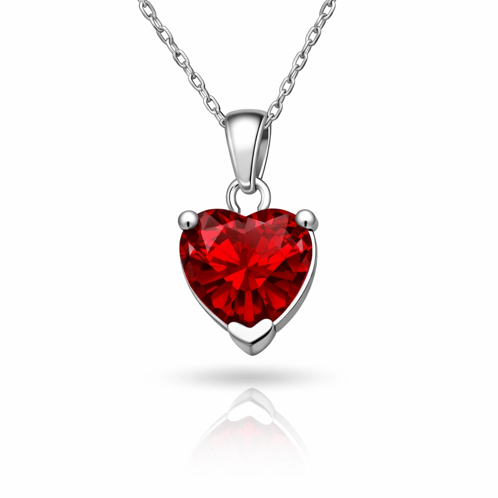 Gümüş Kırmızı Taşlı Kalpli Kadın Kolye