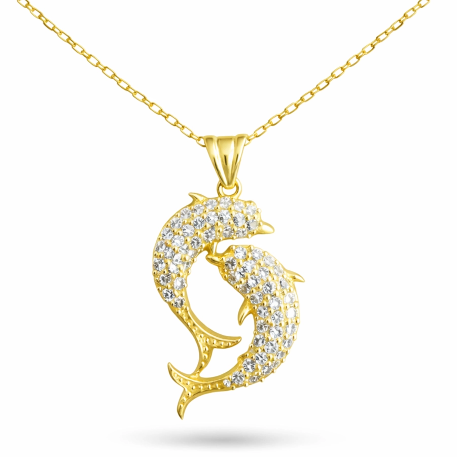 Gümüş Gold Çift Yunus Balığı Kadın Kolye