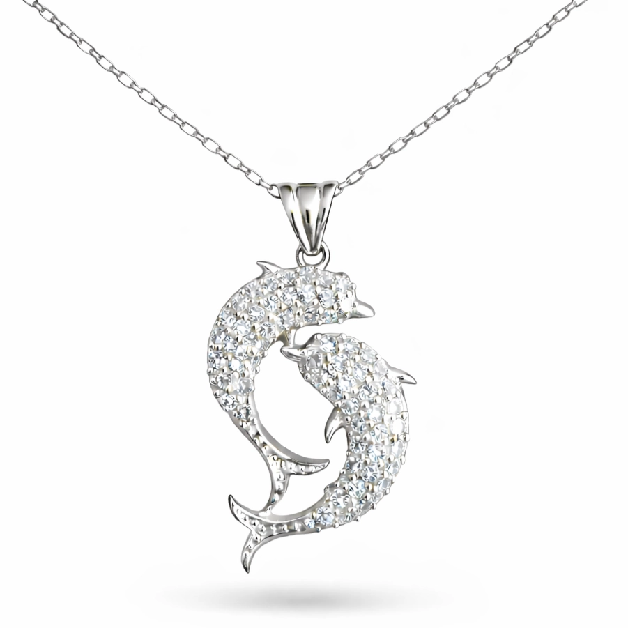 Gümüş Çift Yunus Balığı Kadın Kolye