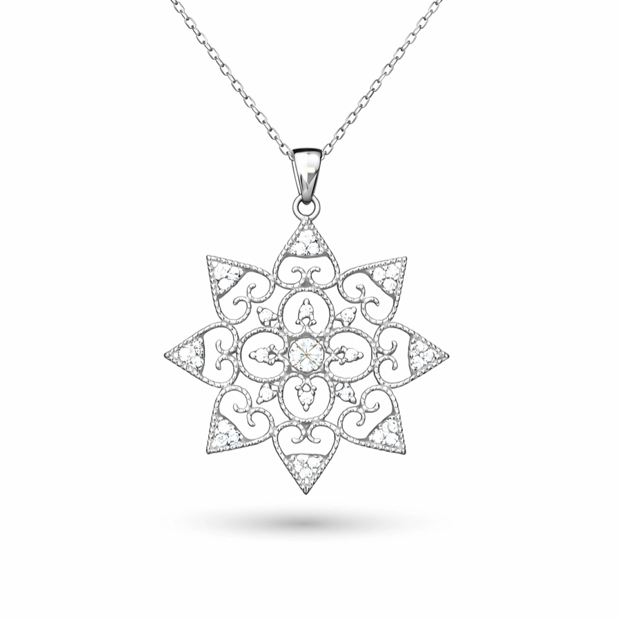 Gümüş Çiçek Desenli Kadın Kolye