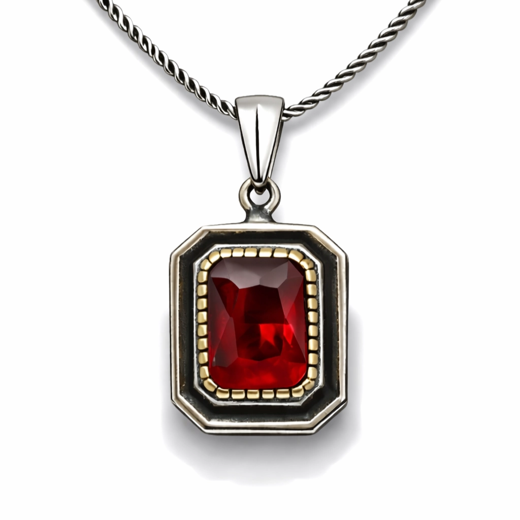 Gümüş Kırmızı Taşlı Dikdörtgen Kadın Kolye