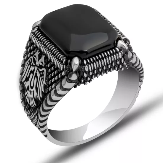 Gümüş Çift Başlı Kartal Oniks Erkek Yüzük