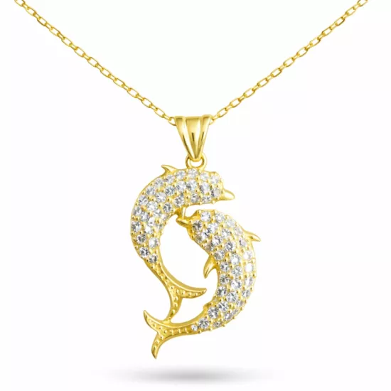 Gümüş Gold Çift Yunus Balığı Kadın Kolye